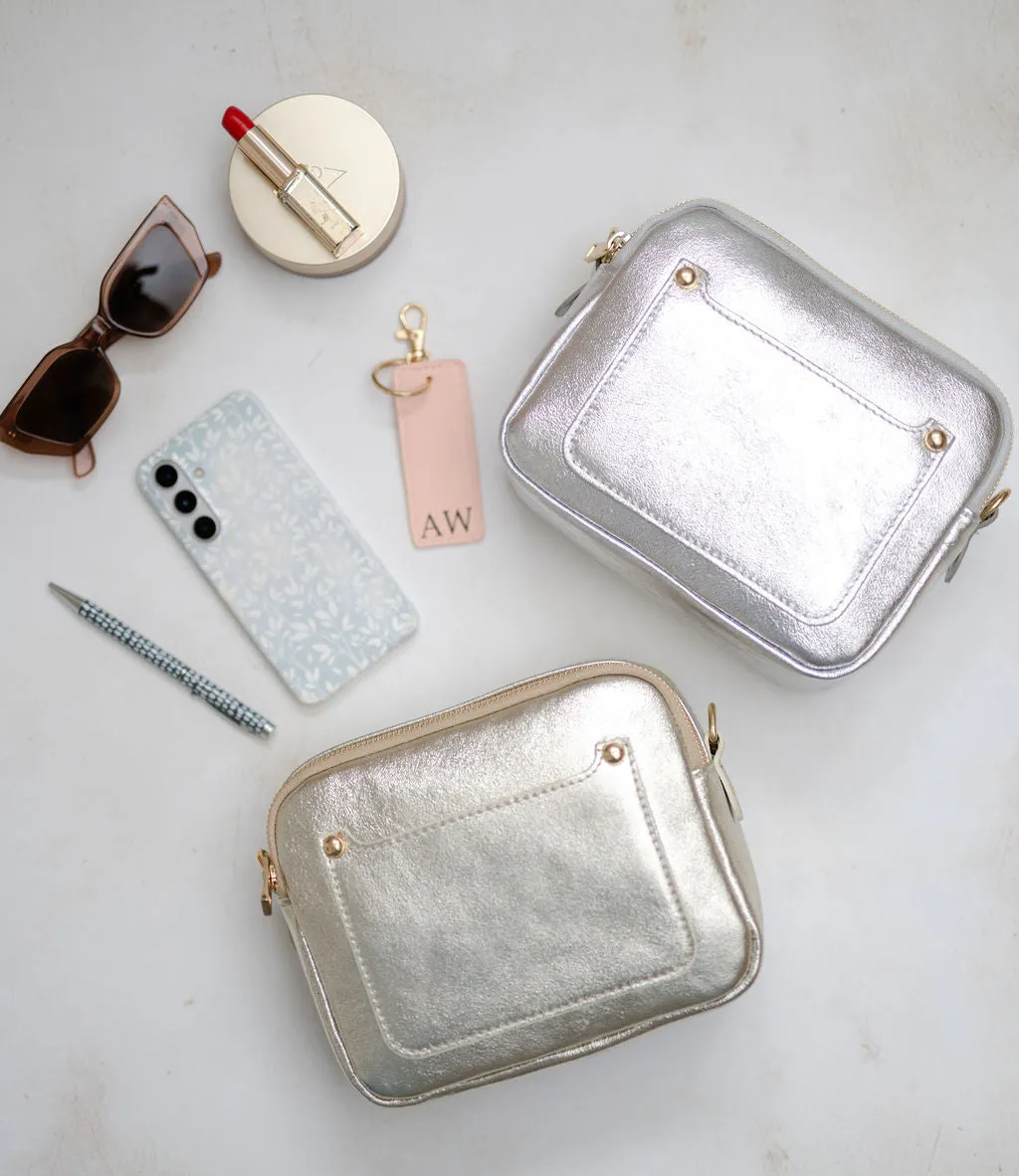Gold Leather Double Zip Cross Body Bag