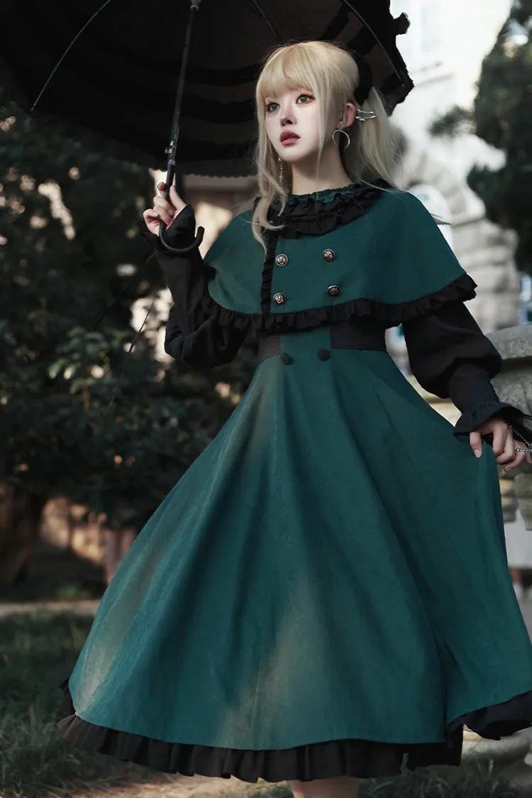 Green [Potions School] Long Sleeves Ruffle Bowknot Sweet Elegant Lolita Dress Two-piece Set