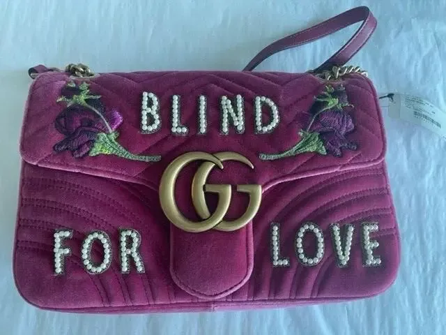 Gucci Blind For Love Pink Rose Velvet Handbag Bag Marmont GG Gold Purse Italy NEW