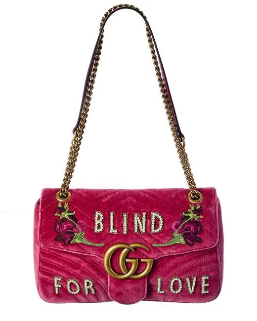 Gucci Blind For Love Pink Rose Velvet Handbag Bag Marmont GG Gold Purse Italy NEW
