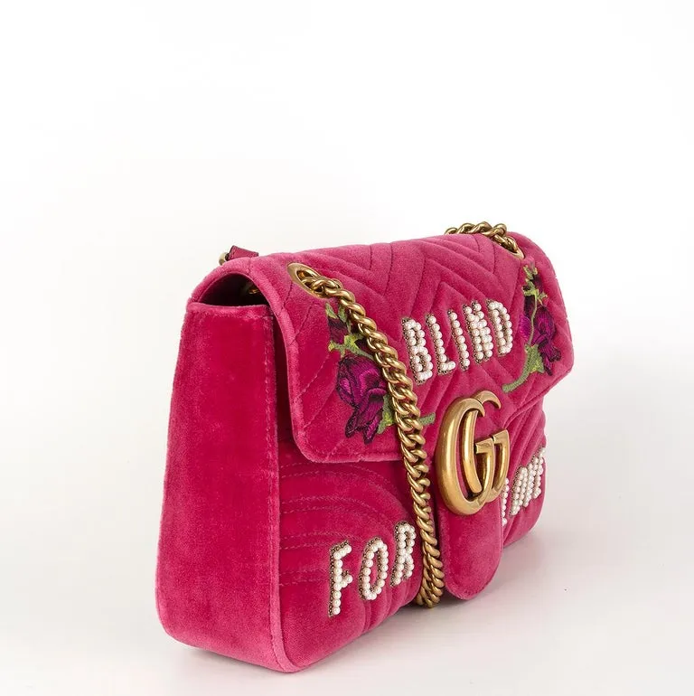 Gucci Blind For Love Pink Rose Velvet Handbag Bag Marmont GG Gold Purse Italy NEW