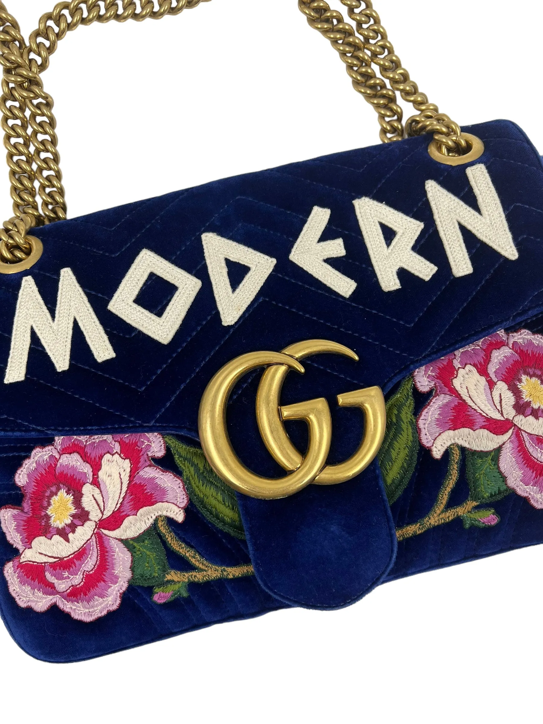 Gucci Blue Velvet Embroidered GG Modern Marmont Shoulder Bag
