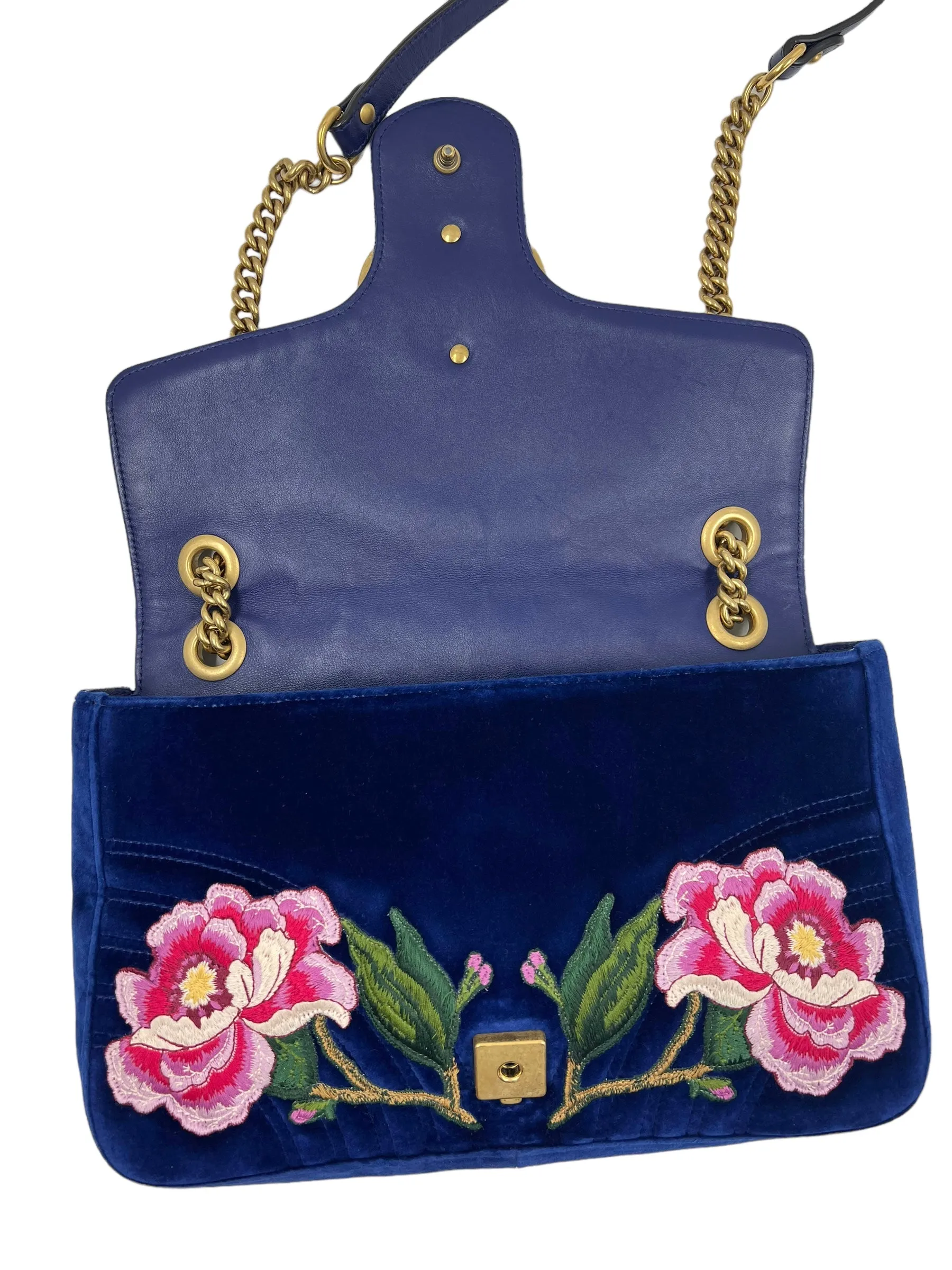 Gucci Blue Velvet Embroidered GG Modern Marmont Shoulder Bag
