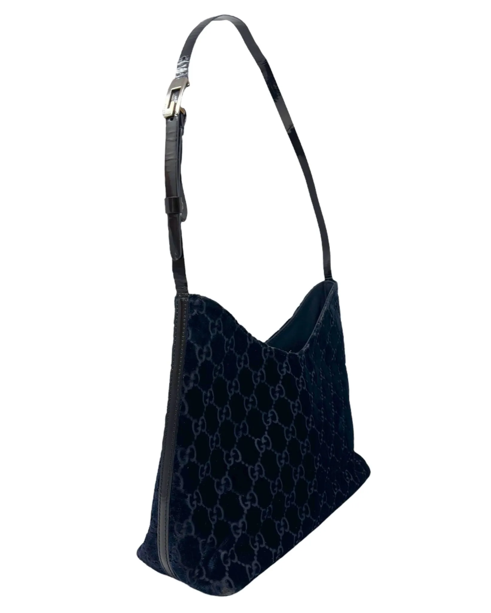 Gucci Dark Navy Velvet Logo Shoulder Bag