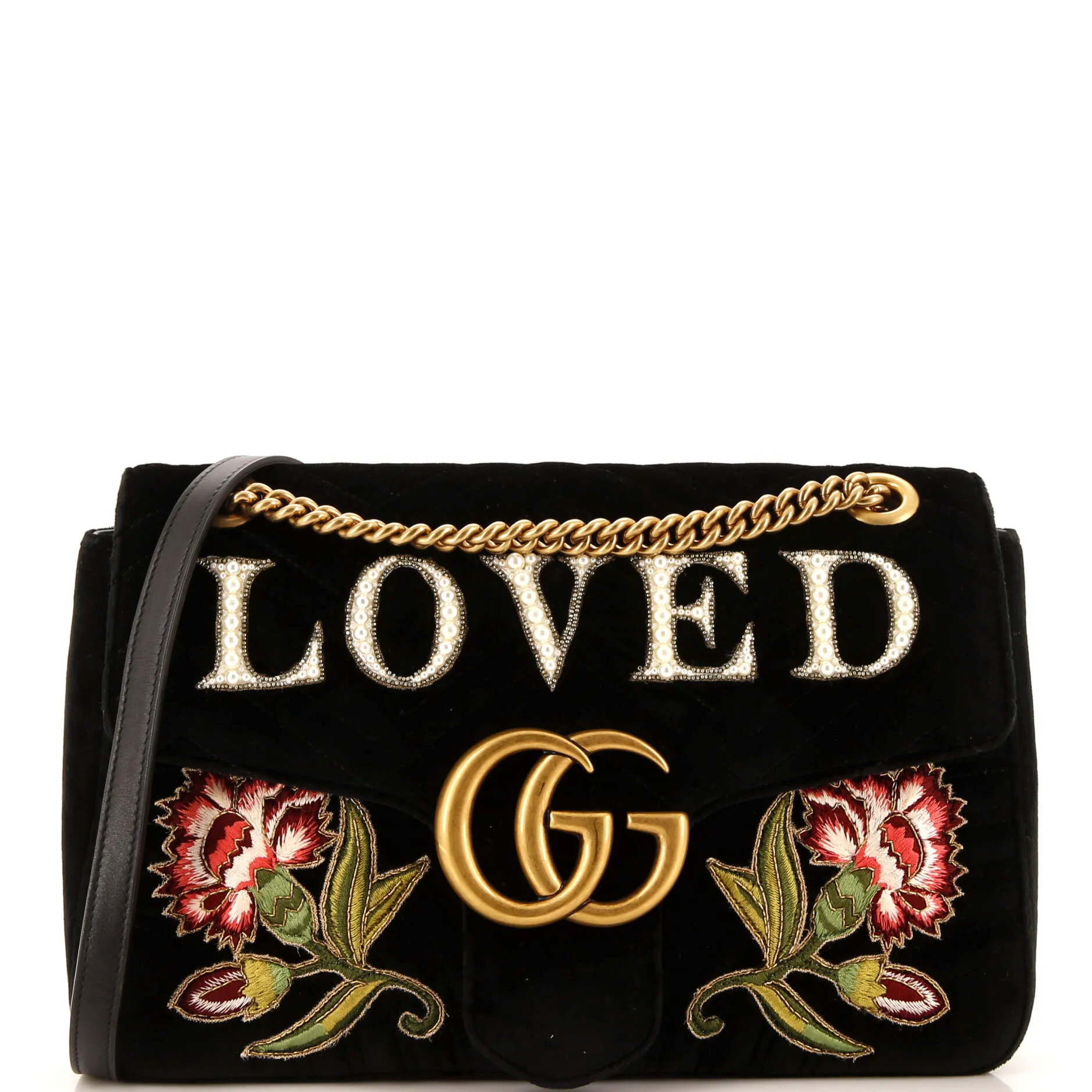 GUCCI GG Marmont Flap Bag Embroidered Matelasse Velvet Medium