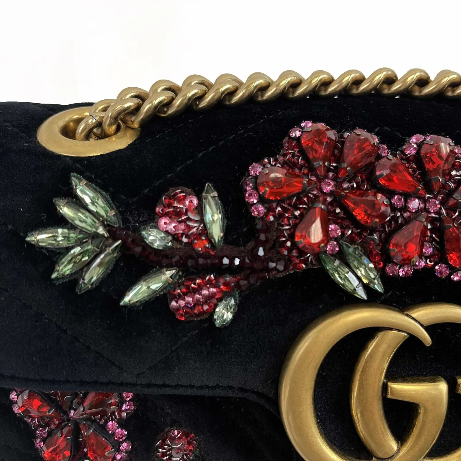 GUCCI - Mini Matelasse Velvet Crystal Embellished Embroidered Floral Gems Bag
