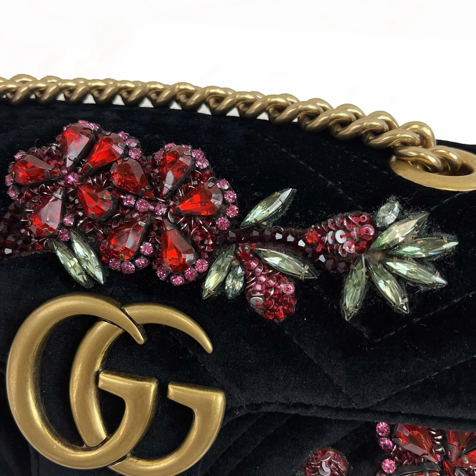GUCCI - Mini Matelasse Velvet Crystal Embellished Embroidered Floral Gems Bag
