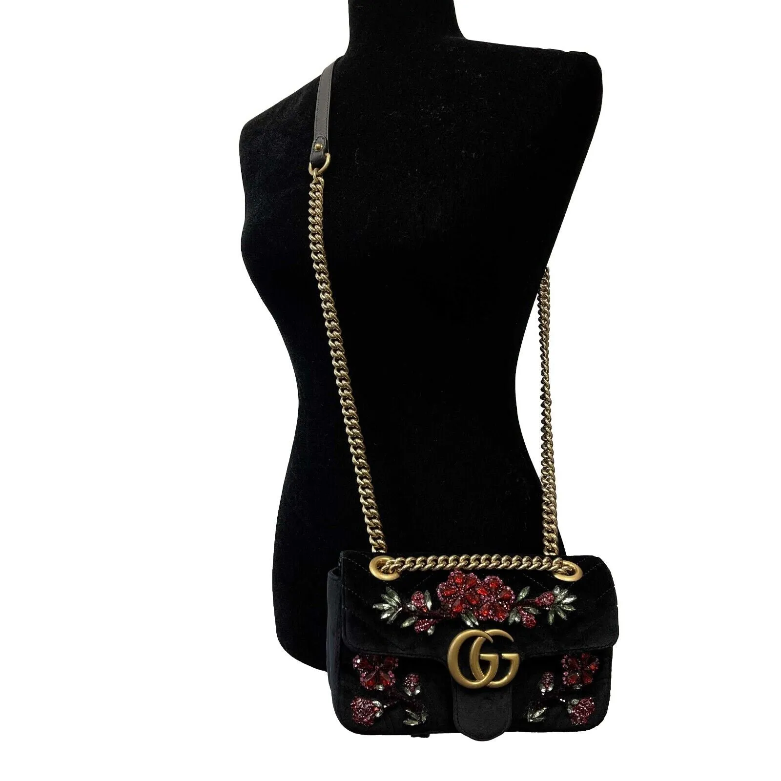 GUCCI - Mini Matelasse Velvet Crystal Embellished Embroidered Floral Gems Bag