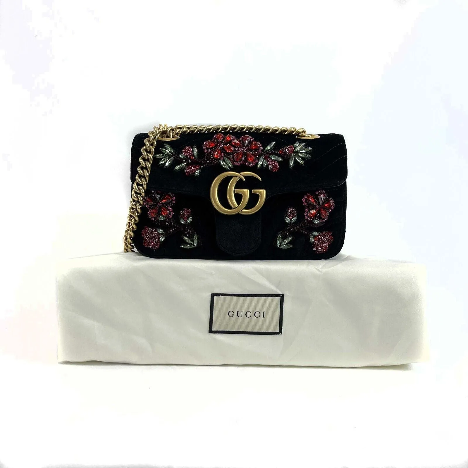 GUCCI - Mini Matelasse Velvet Crystal Embellished Embroidered Floral Gems Bag