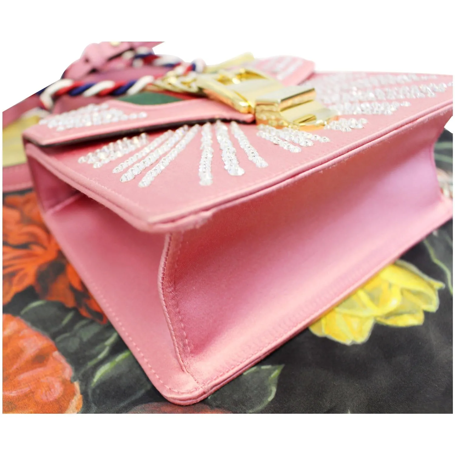 GUCCI Mini Sylvie Satin Crystal Shoulder Bag Peony