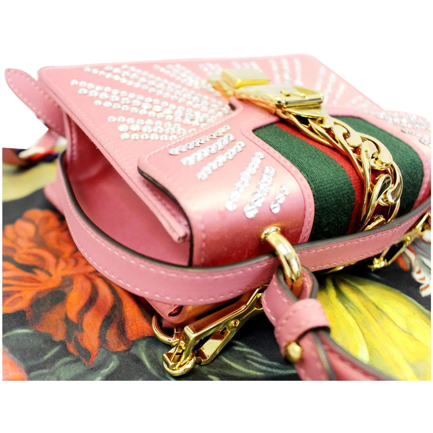 GUCCI Mini Sylvie Satin Crystal Shoulder Bag Peony