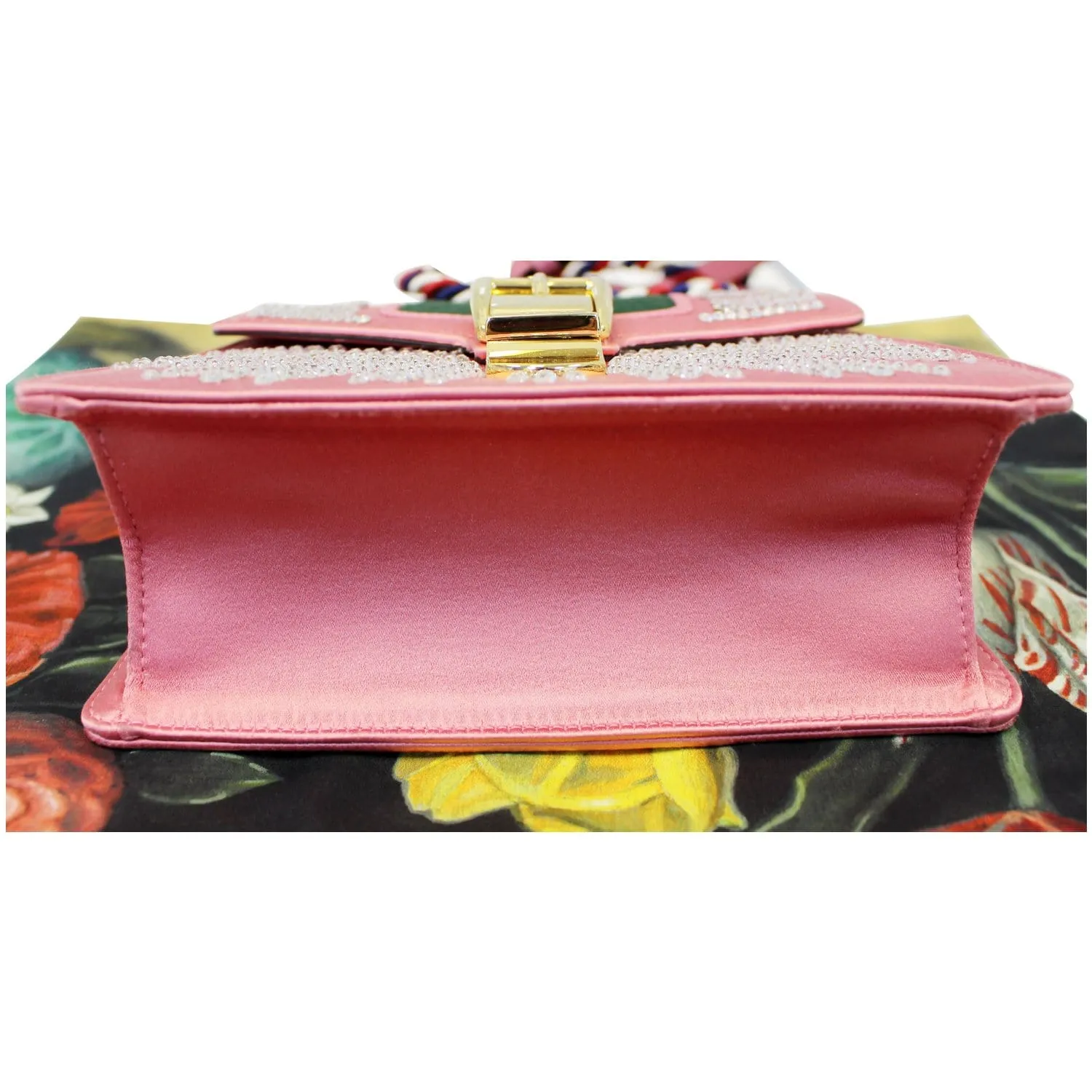 GUCCI Mini Sylvie Satin Crystal Shoulder Bag Peony