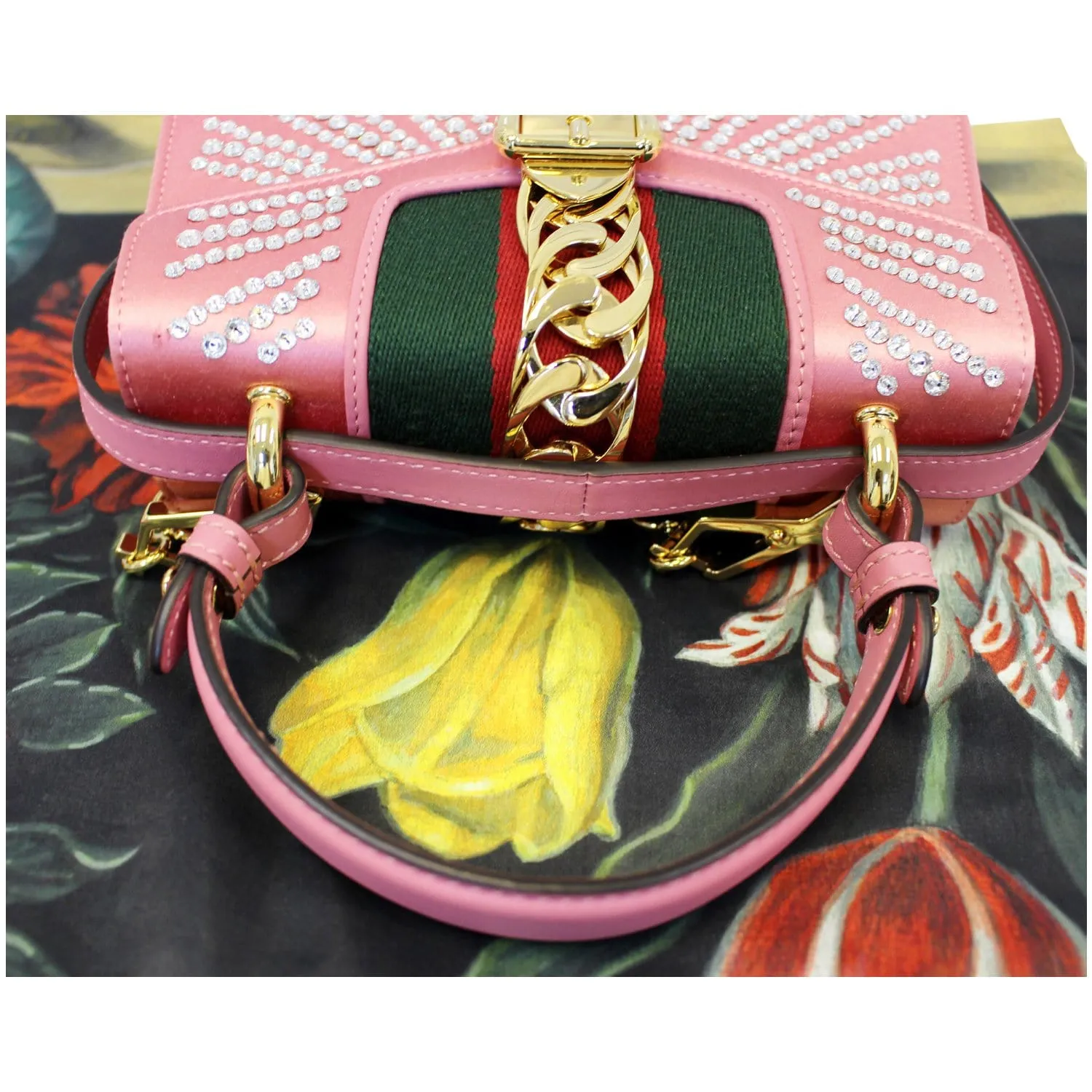 GUCCI Mini Sylvie Satin Crystal Shoulder Bag Peony