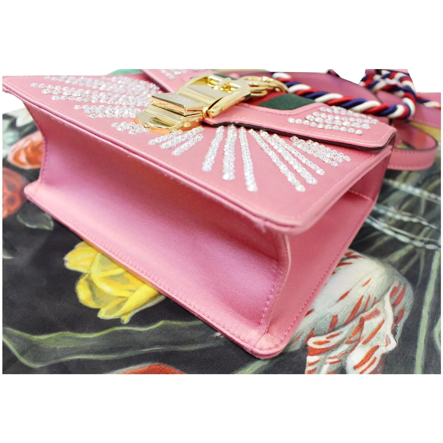 GUCCI Mini Sylvie Satin Crystal Shoulder Bag Peony