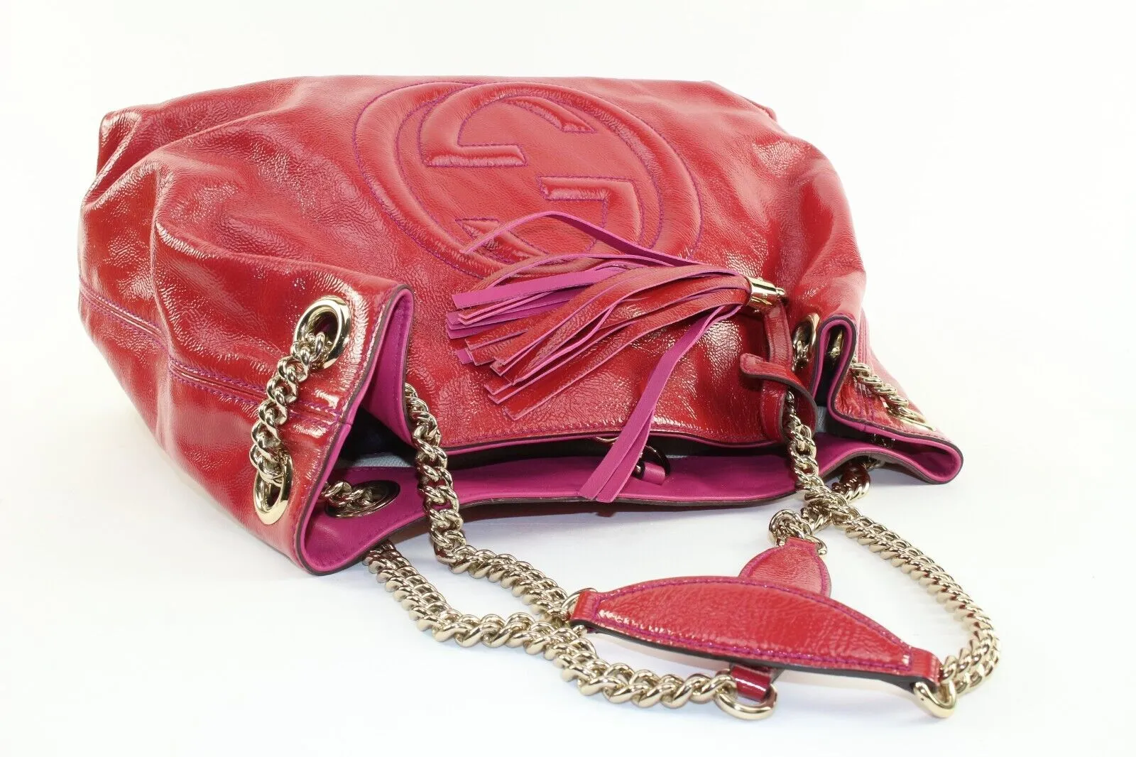 Gucci Patent Pink Soho Fringe Tassel Chain Tote 2way Fuchsia 1GK0104K