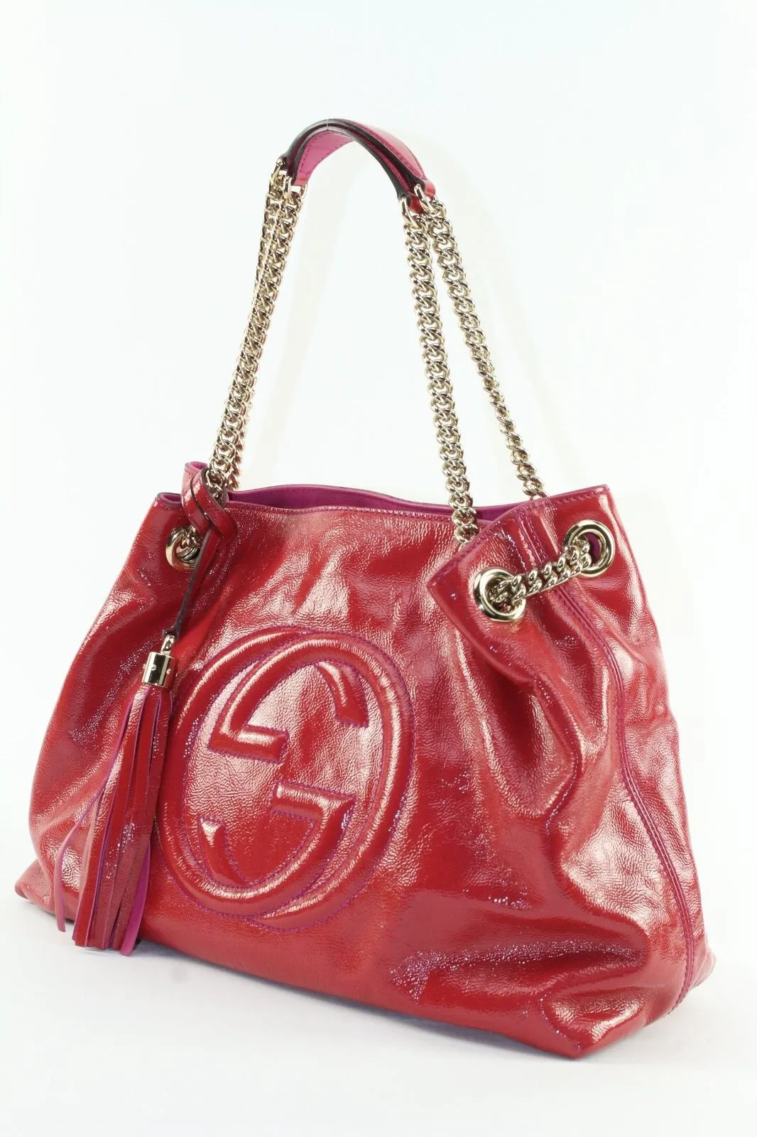 Gucci Patent Pink Soho Fringe Tassel Chain Tote 2way Fuchsia 1GK0104K
