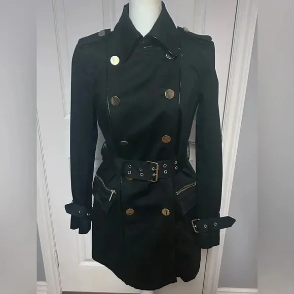 🖤”Guess” Women’s Black Mid Length Military Style Belted Jacket Size XS💛