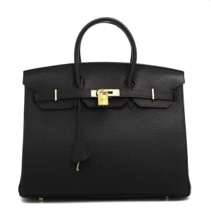 Hallie Authentic Cowhide Leather Top Handle Bag with Padlock - Black