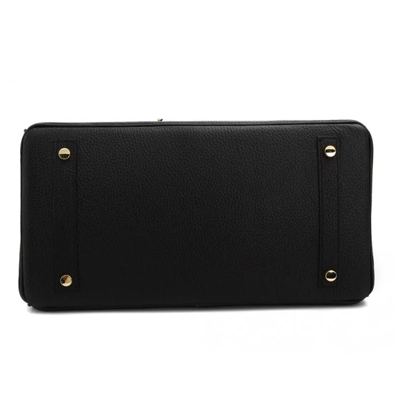 Hallie Authentic Cowhide Leather Top Handle Bag with Padlock - Black