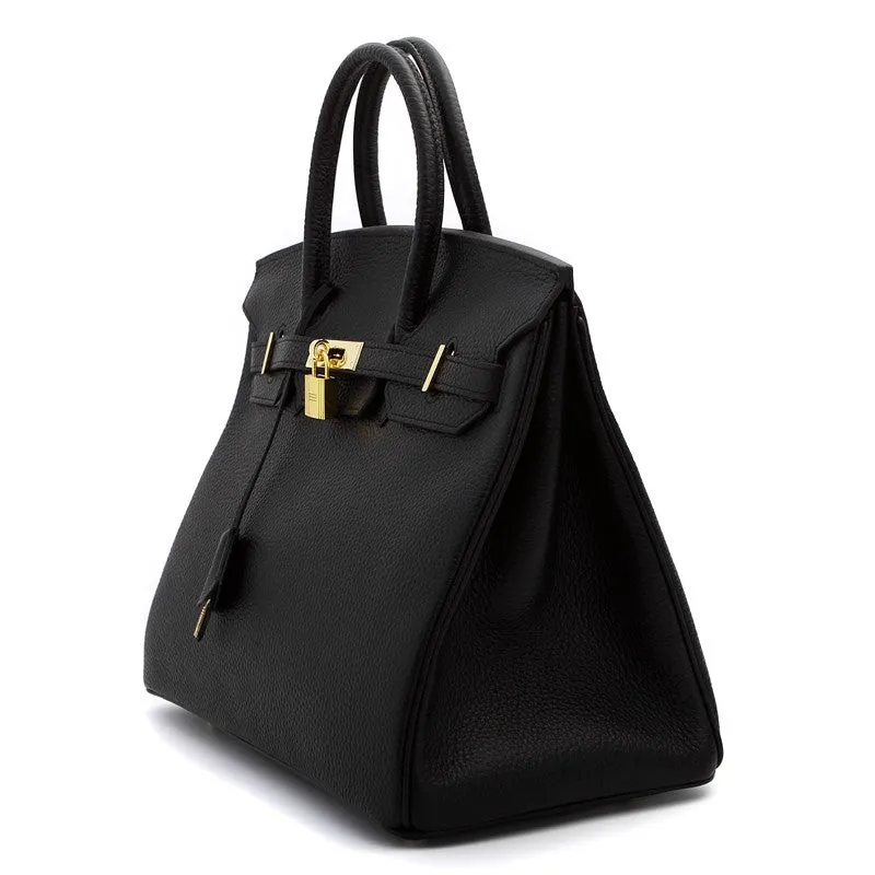 Hallie Authentic Cowhide Leather Top Handle Bag with Padlock - Black