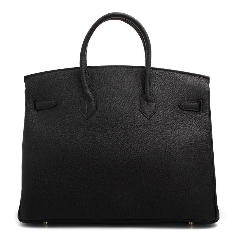 Hallie Authentic Cowhide Leather Top Handle Bag with Padlock - Black