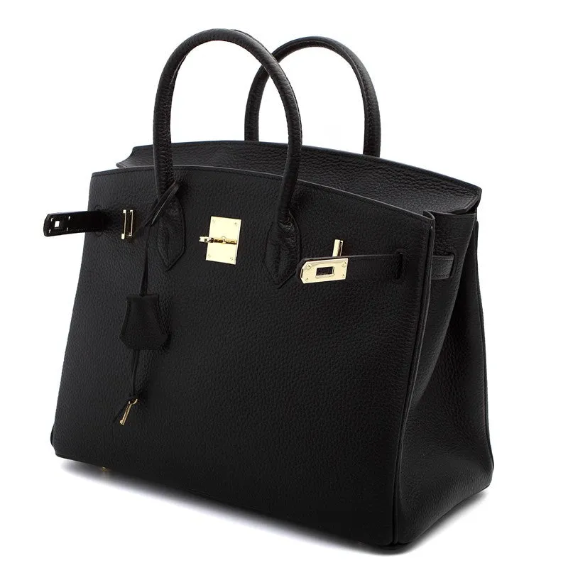 Hallie Authentic Cowhide Leather Top Handle Bag with Padlock - Black
