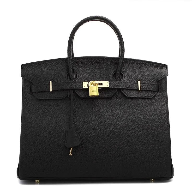 Hallie Authentic Cowhide Leather Top Handle Bag with Padlock - Black
