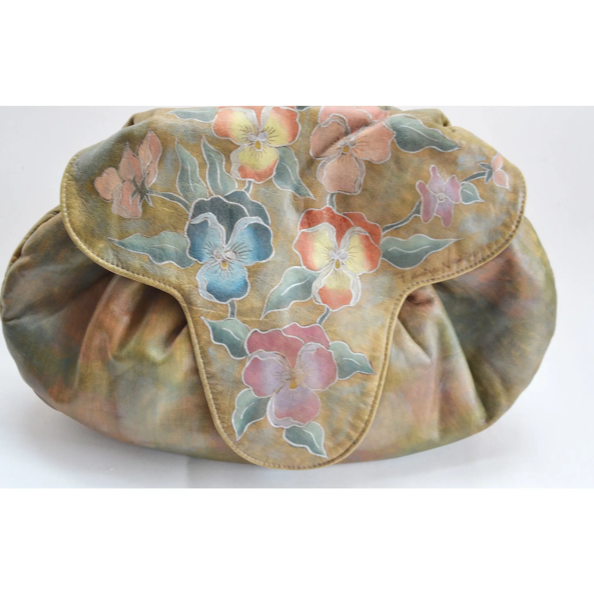 Hand Painted Floral Pouch Purse By Fancy Nancy - 1980's