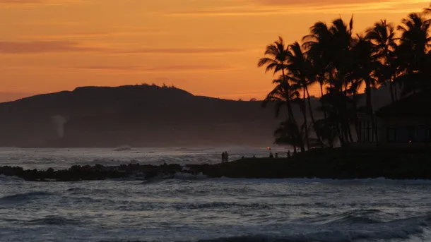 Hawaiian Sunset with Surf and Mountains