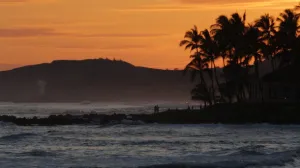 Hawaiian Sunset with Surf and Mountains