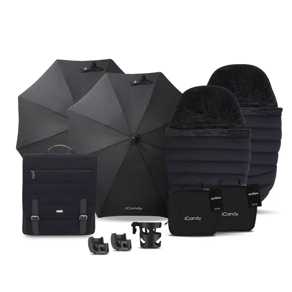 ICANDY Peach 7 Double Pushchair and Carrycot Complete Bundle Set - Black Edition