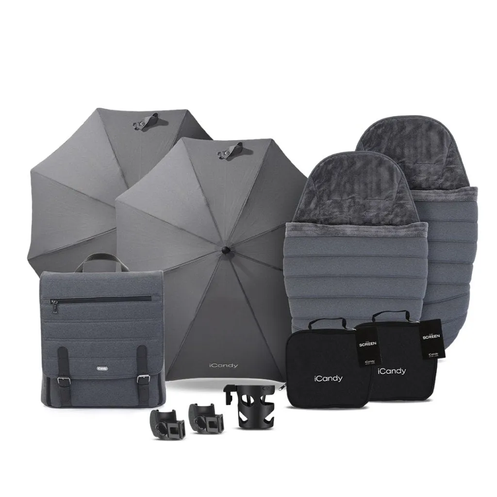 ICANDY Peach 7 Double Pushchair and Carrycot Complete Bundle Set - Phantom (Dark Grey)