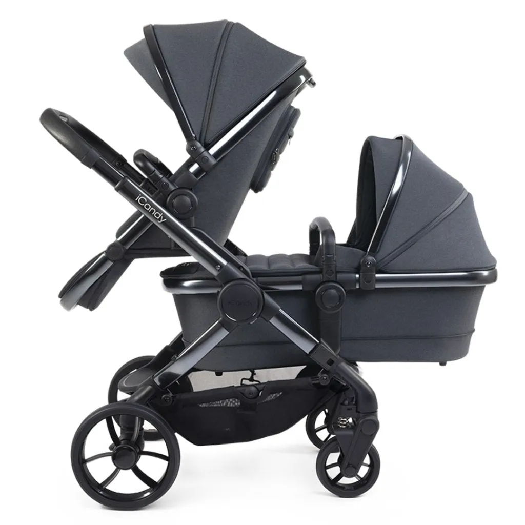 ICANDY Peach 7 Double Pushchair and Carrycot Complete Bundle Set - Phantom (Dark Grey)