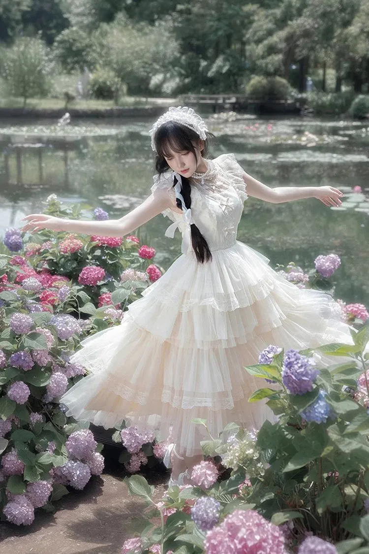 Ivory Tower Multi-layer Ruffle Embroidery Flying Sleeves Sweet Elegant Lolita OP Dress