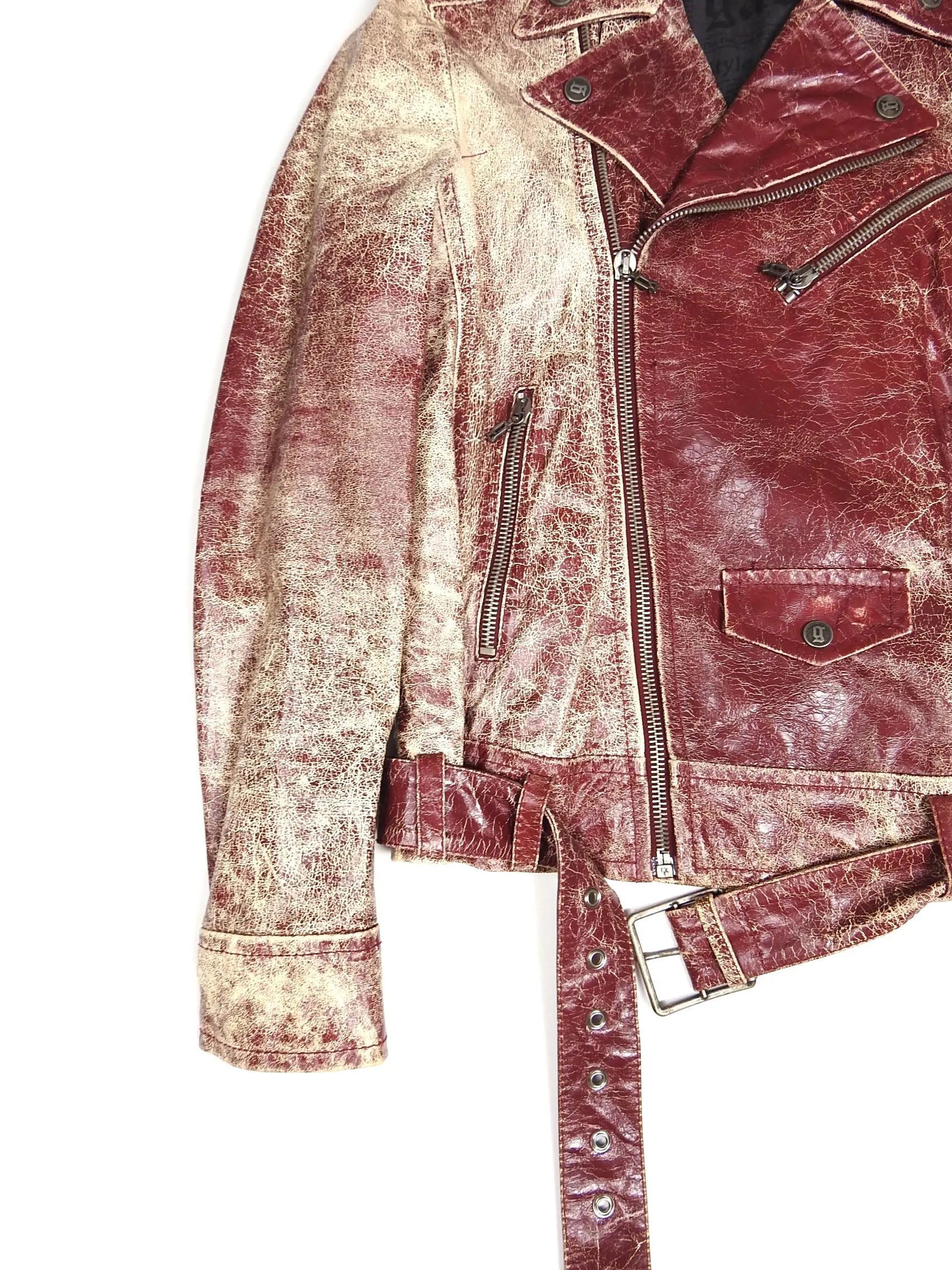 John Galliano Cracked Red Leather Biker Jacket Size 48