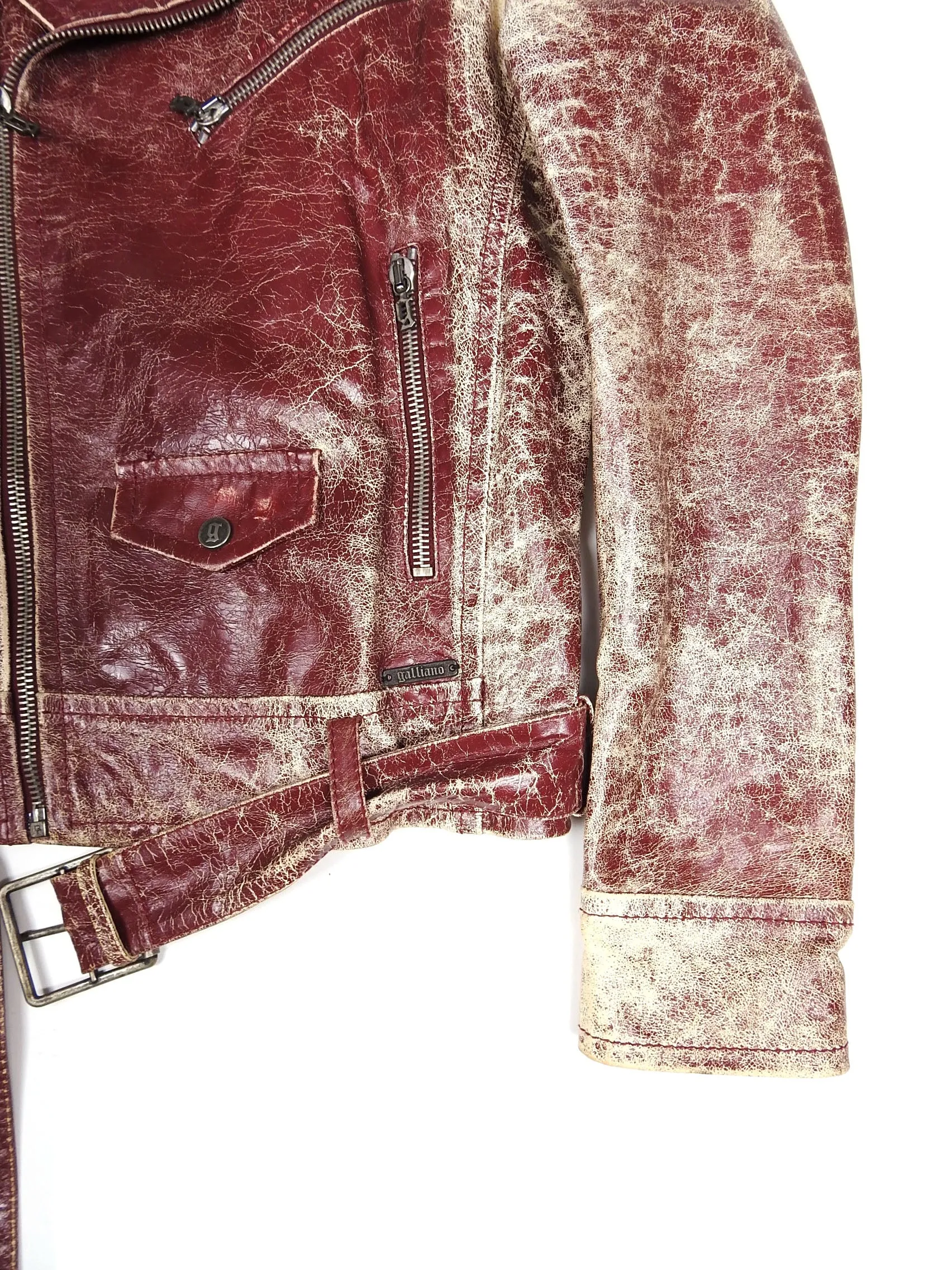 John Galliano Cracked Red Leather Biker Jacket Size 48
