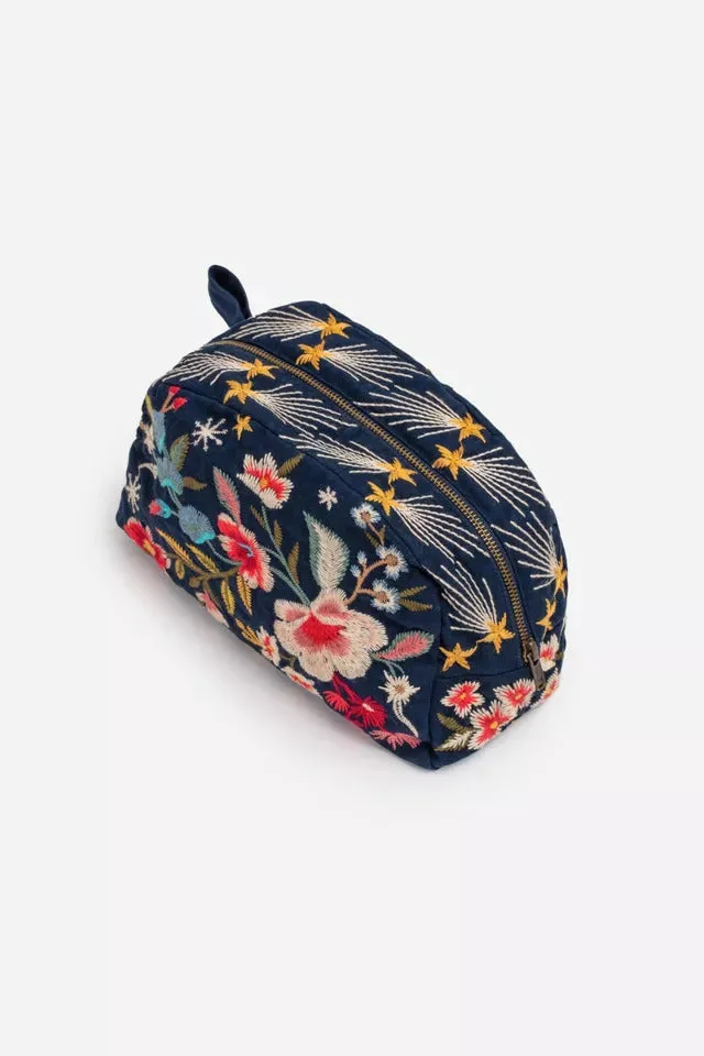 Johnny Was Lissa Cotton Make Up Bag Velvet Cosmetic Case Handbag Purse Blue NEW