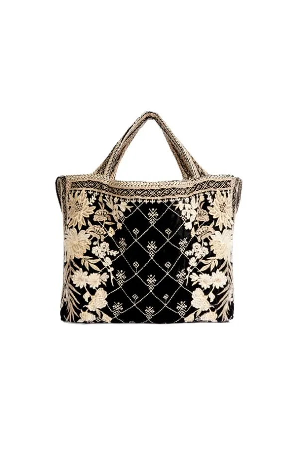 Johnny Was Othilia Black Velvet White Special Velvet Tote Bag Handbag Purse NEW