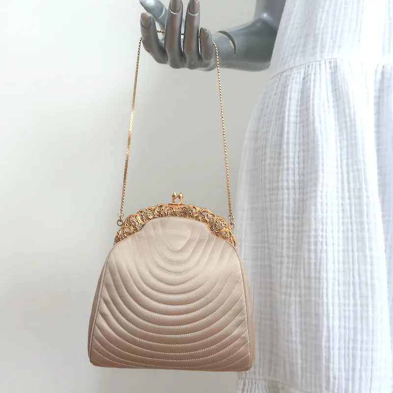 Judith Leiber Chain Strap Mini Evening Bag Beige Quilted Satin