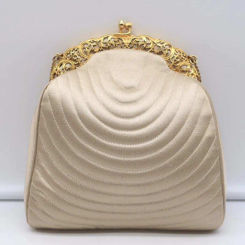 Judith Leiber Chain Strap Mini Evening Bag Beige Quilted Satin