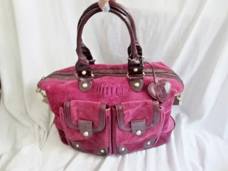 JUICY COUTURE Leather Velvet Heart purse leather satchel BERRRY PINK tote WINE RED L