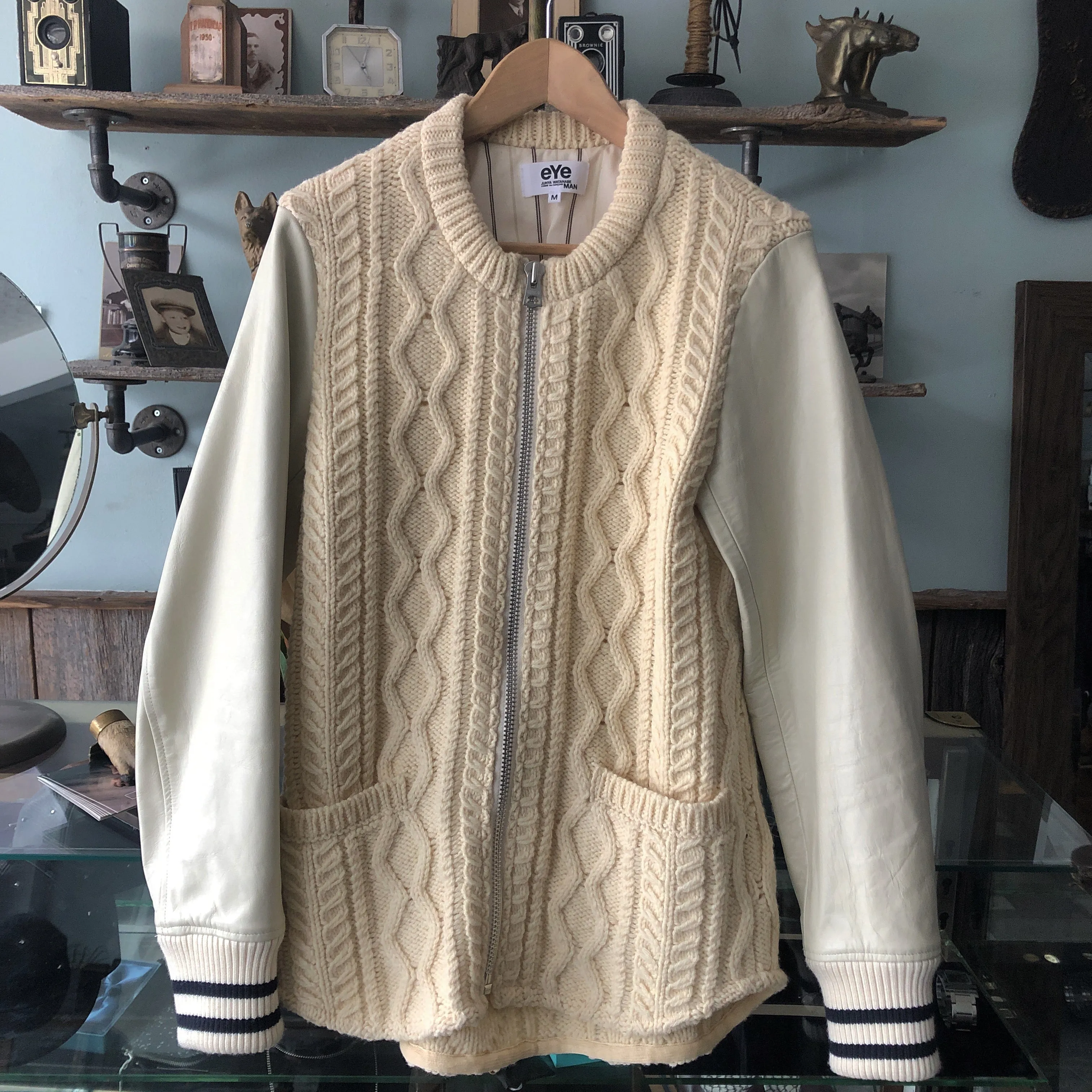 Junya Watanabe Comme Des Garcons Man Cable Knit Leather Sleeve Varsity Jacket - M