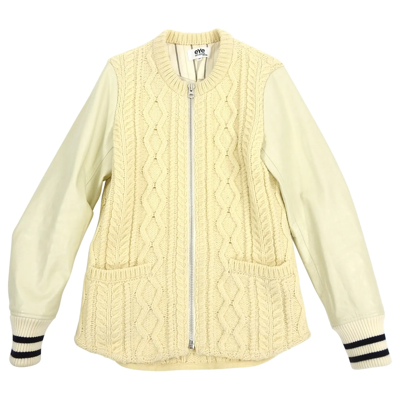 Junya Watanabe Comme Des Garcons Man Cable Knit Leather Sleeve Varsity Jacket - M