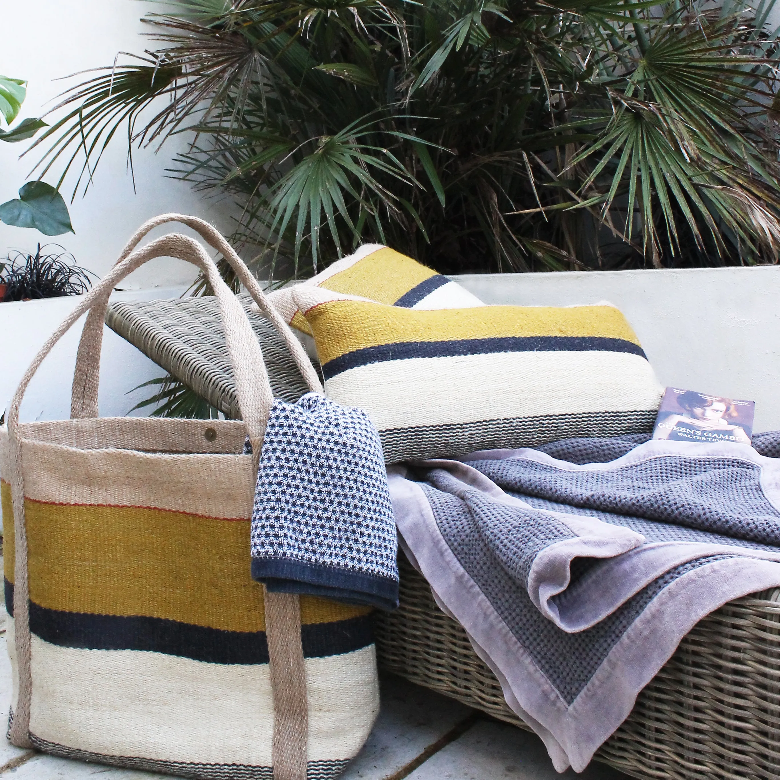Jute Tote Bag - Mustard, Cream & Black Stripes