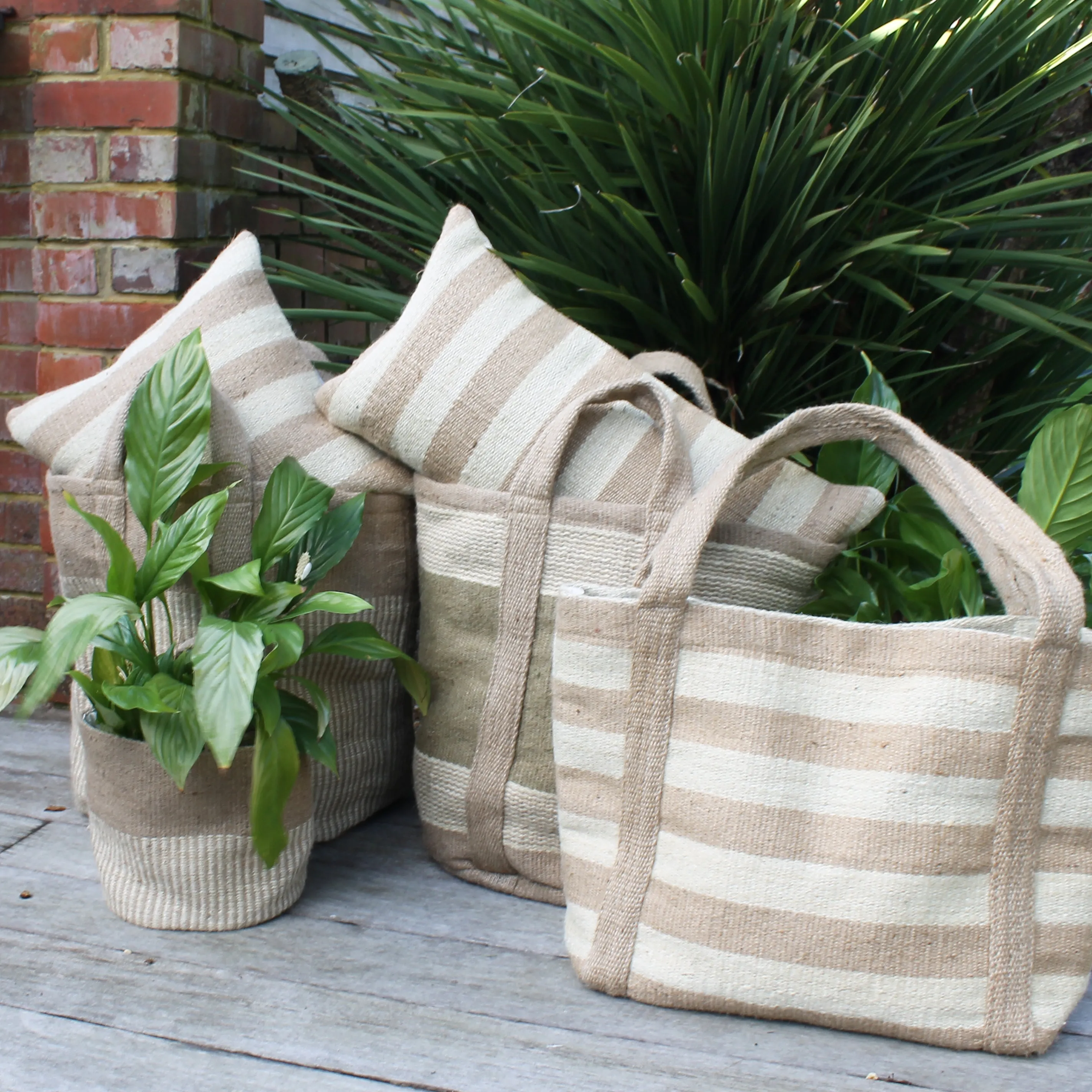 Jute Tote Bag - Natural and Cream Stripe