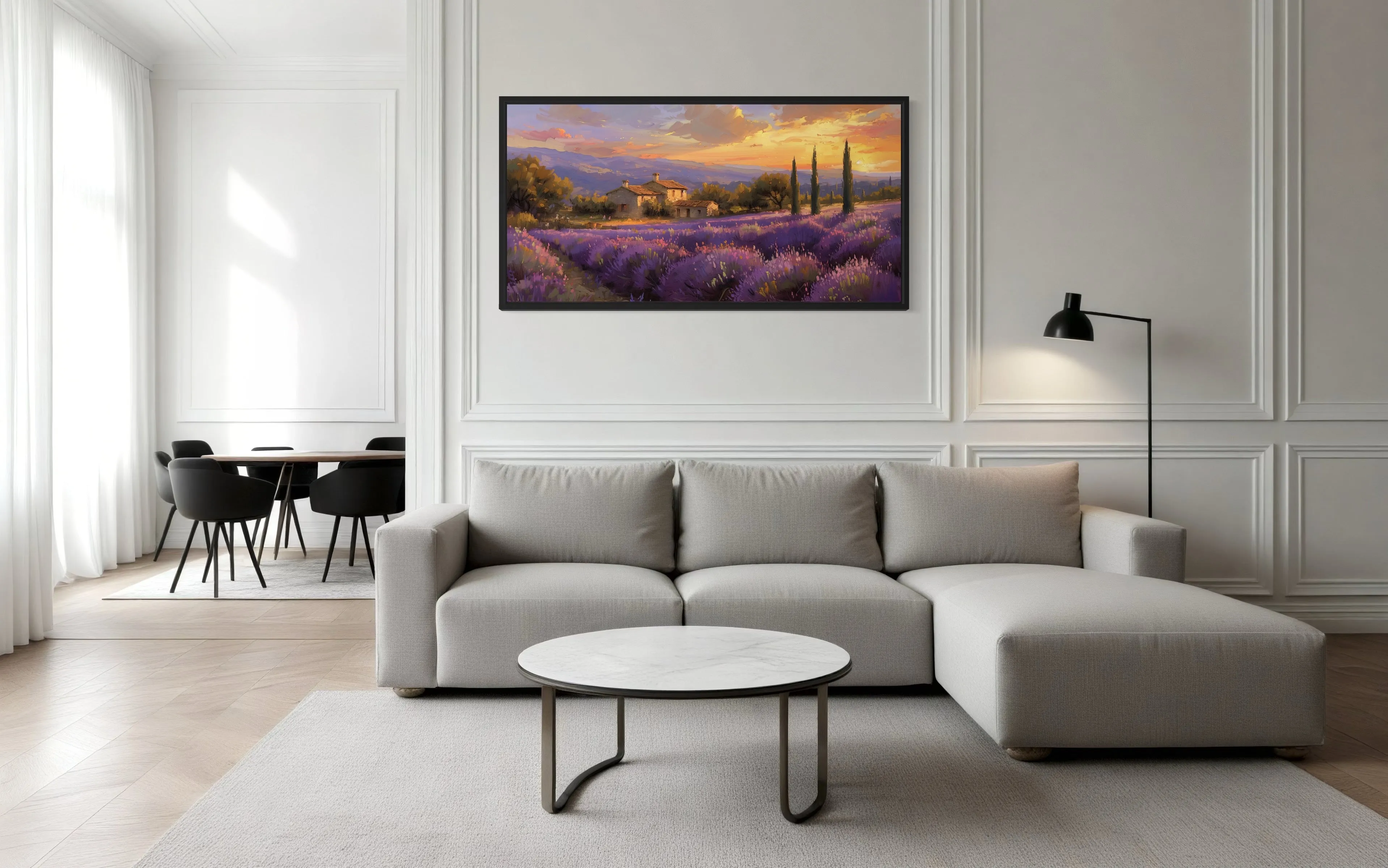 Lavender Fields of Provence At Sunset French Landscape Framed Canvas Wall Art