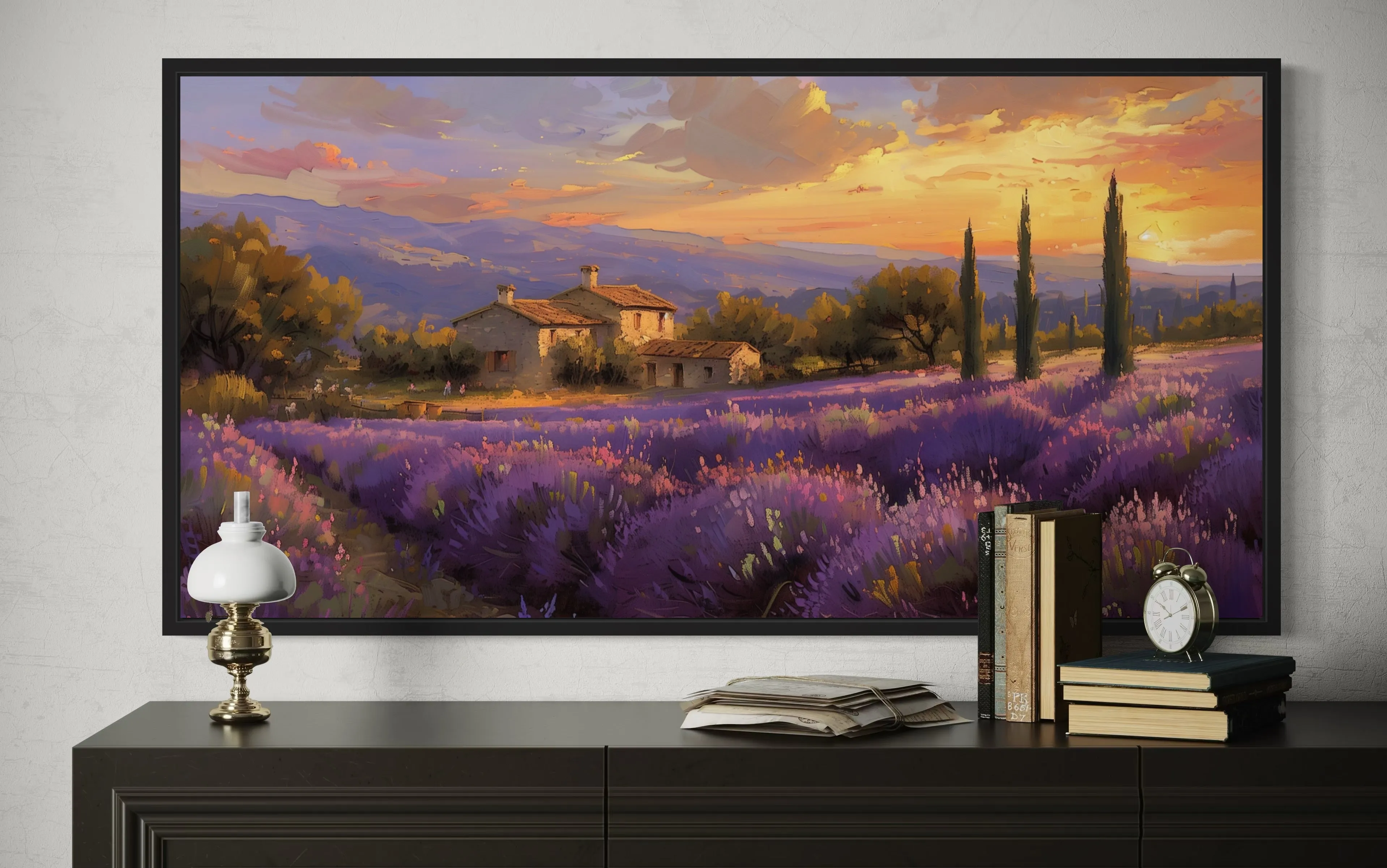 Lavender Fields of Provence At Sunset French Landscape Framed Canvas Wall Art