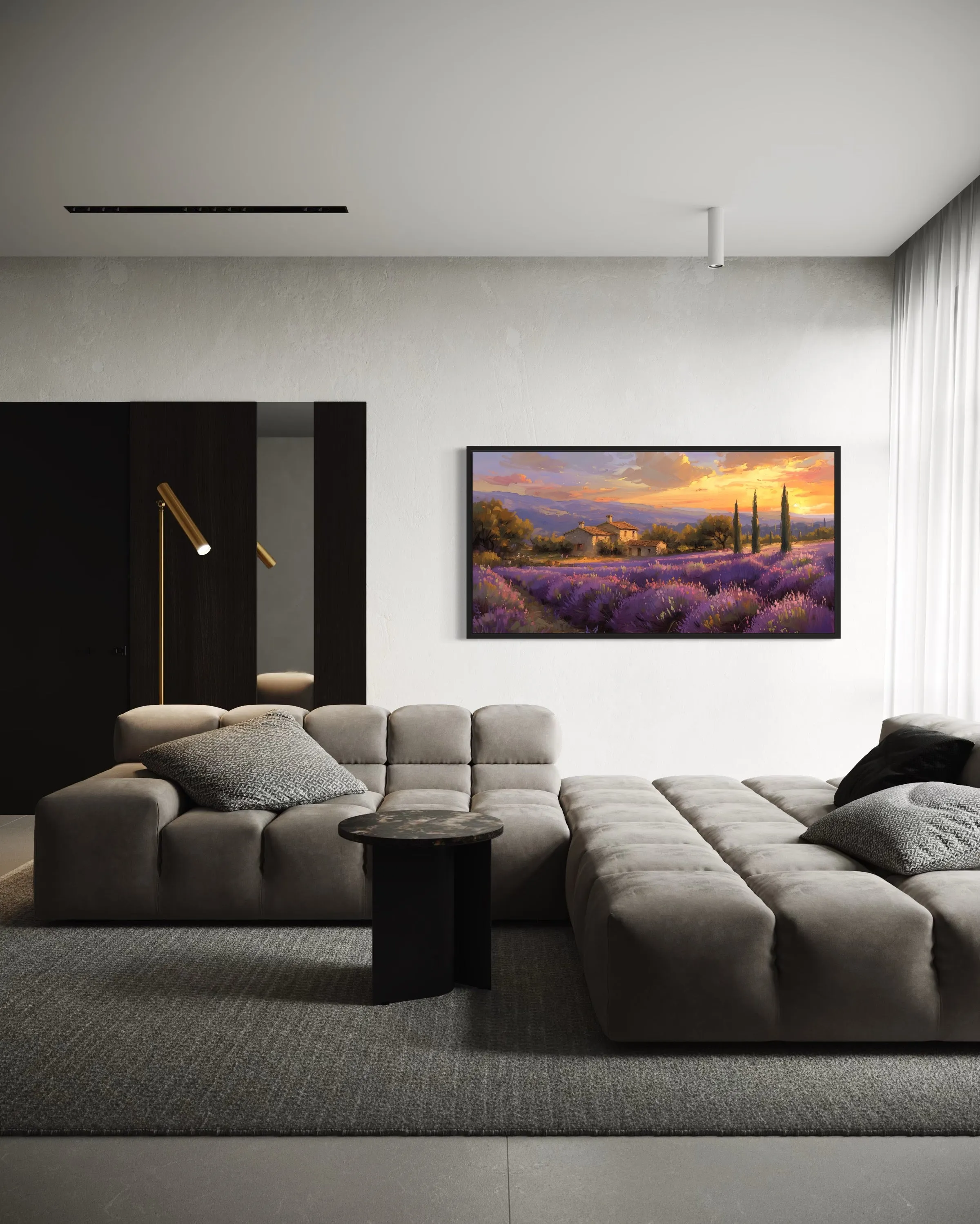 Lavender Fields of Provence At Sunset French Landscape Framed Canvas Wall Art
