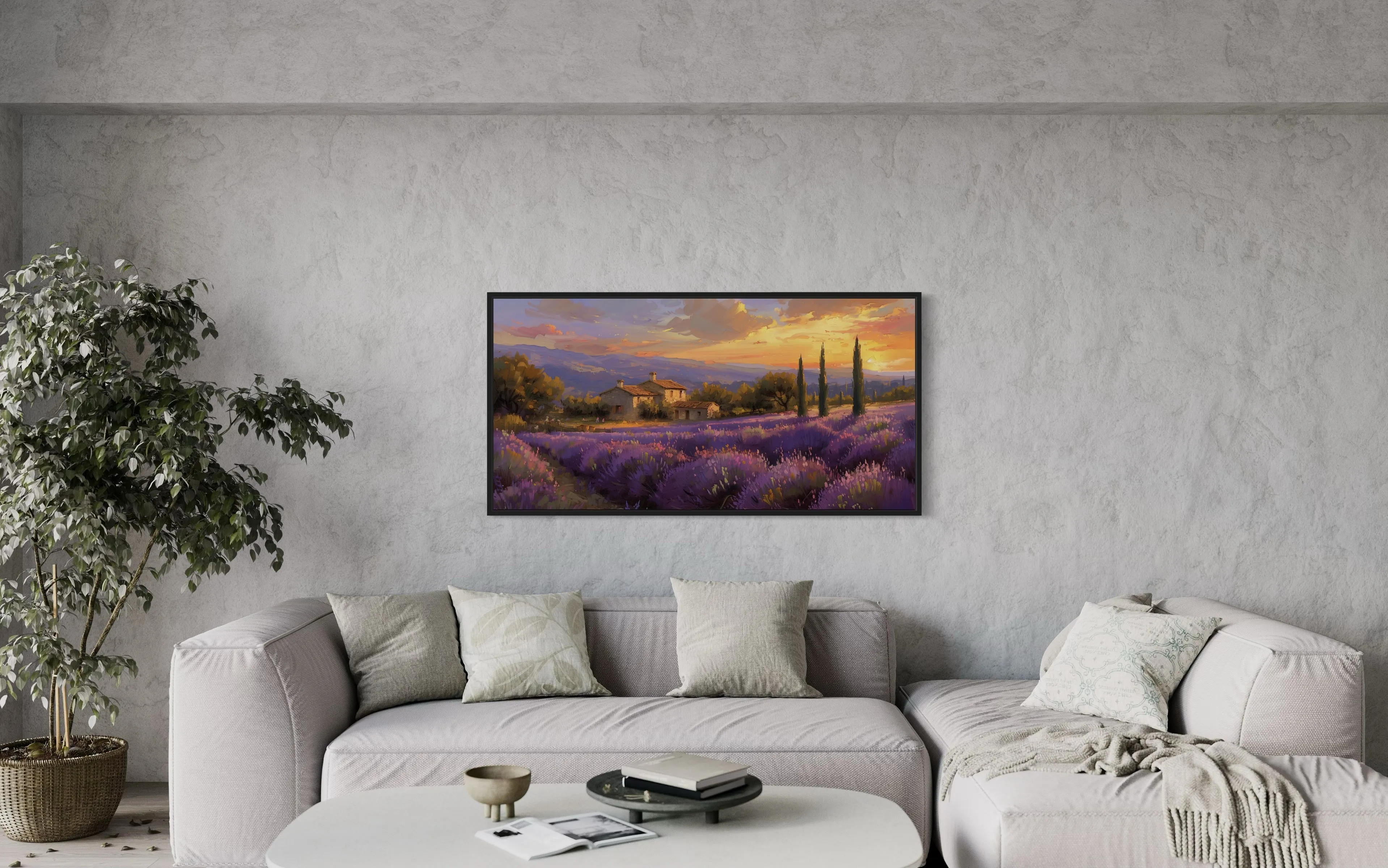 Lavender Fields of Provence At Sunset French Landscape Framed Canvas Wall Art