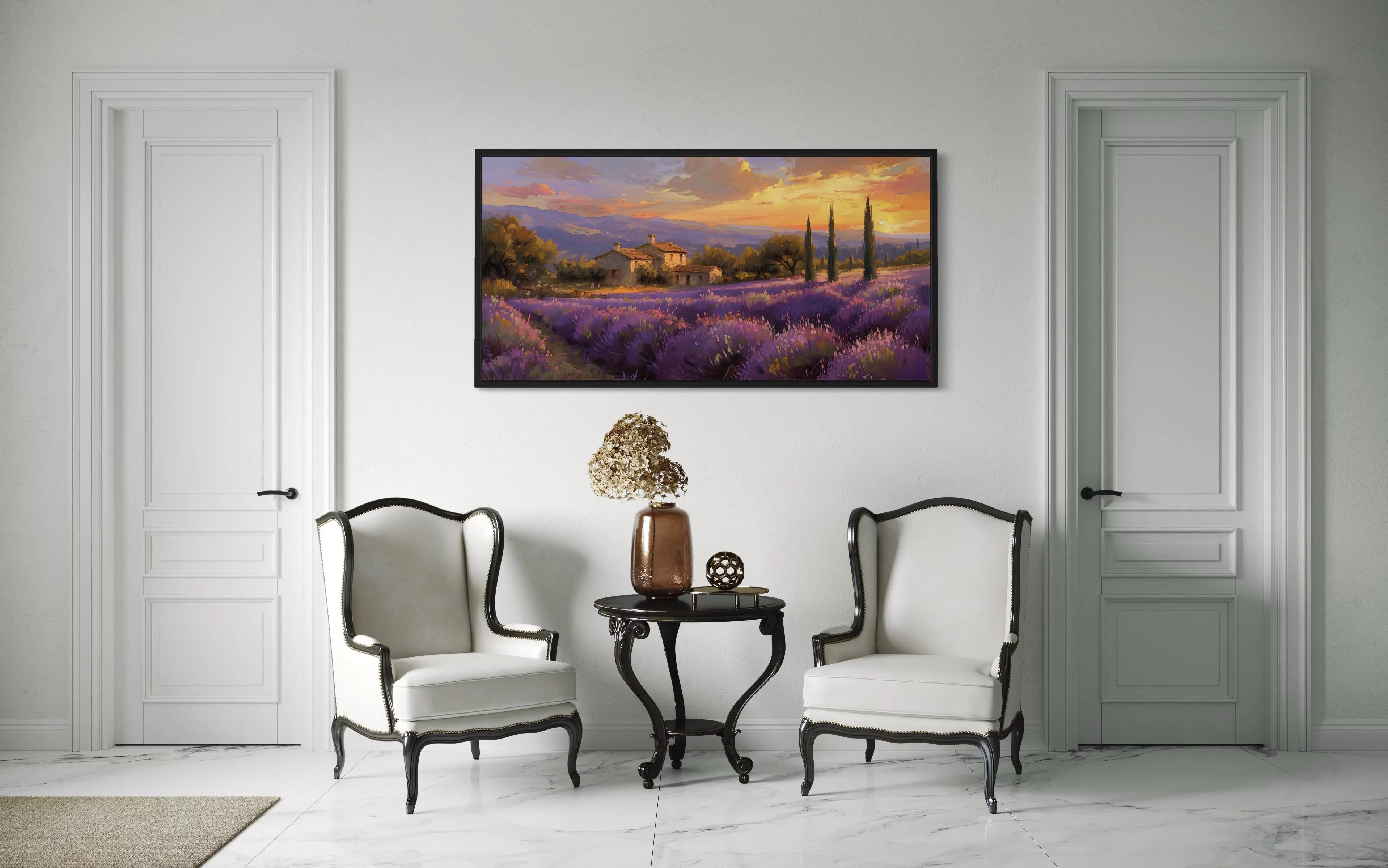 Lavender Fields of Provence At Sunset French Landscape Framed Canvas Wall Art